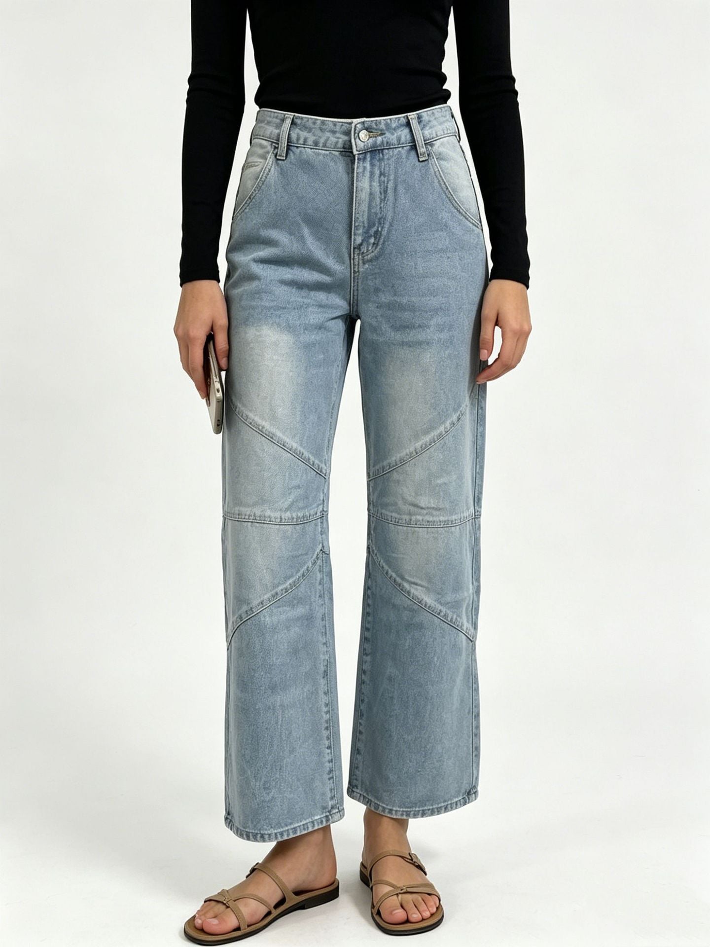 Women's Fashionable Pleated Washed High Street Straight Jeans