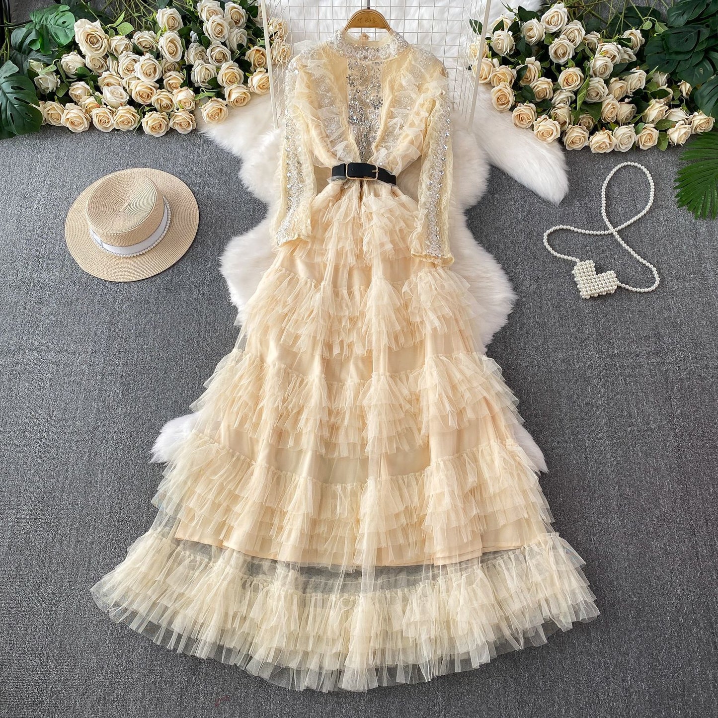Lux Sequined Embroidered Beads Cinched Mesh Tulle Dresses
