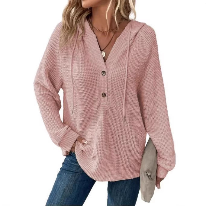 Women's Casual Waffle Knitted Drawstring Collar Decorated With Buttons Long Sleeve Women's Sweater, Sweater