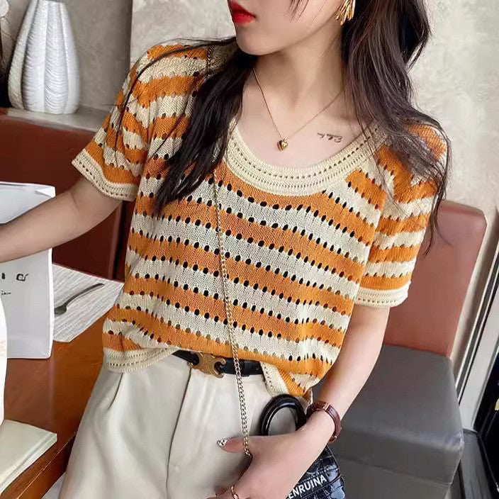 Women's Thin Hollow Loose Striped Summer Design Women's T-shirt