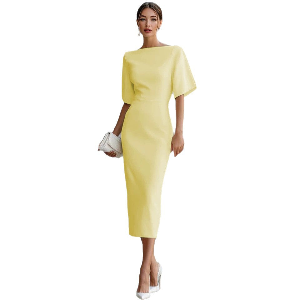Women's Color Round Neck Shirt With Half Sleeve Elegant Dress