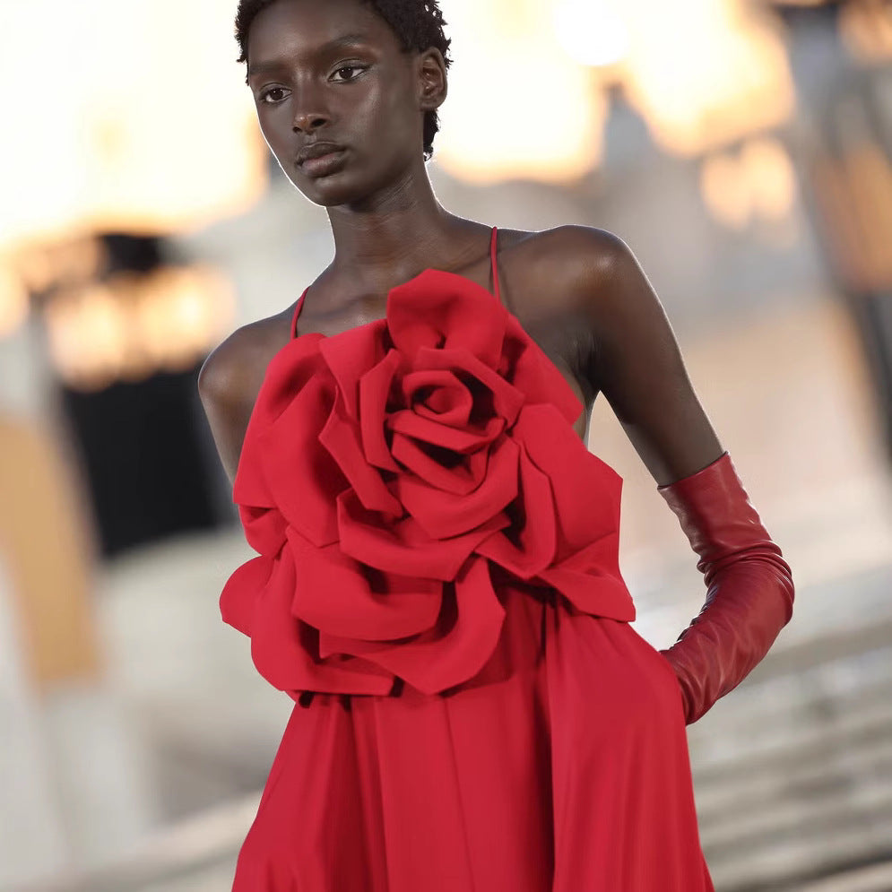 Women's Sling Handmade Three-dimensional Solid Color Formal Dresses