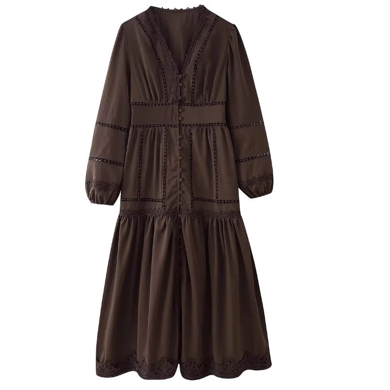Women's Elegant Stitching Lace Design Long Sleeve Dresses