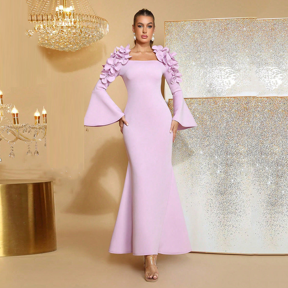 Design Stitching Three-dimensional Flower Dress Elegant Flared Dresses