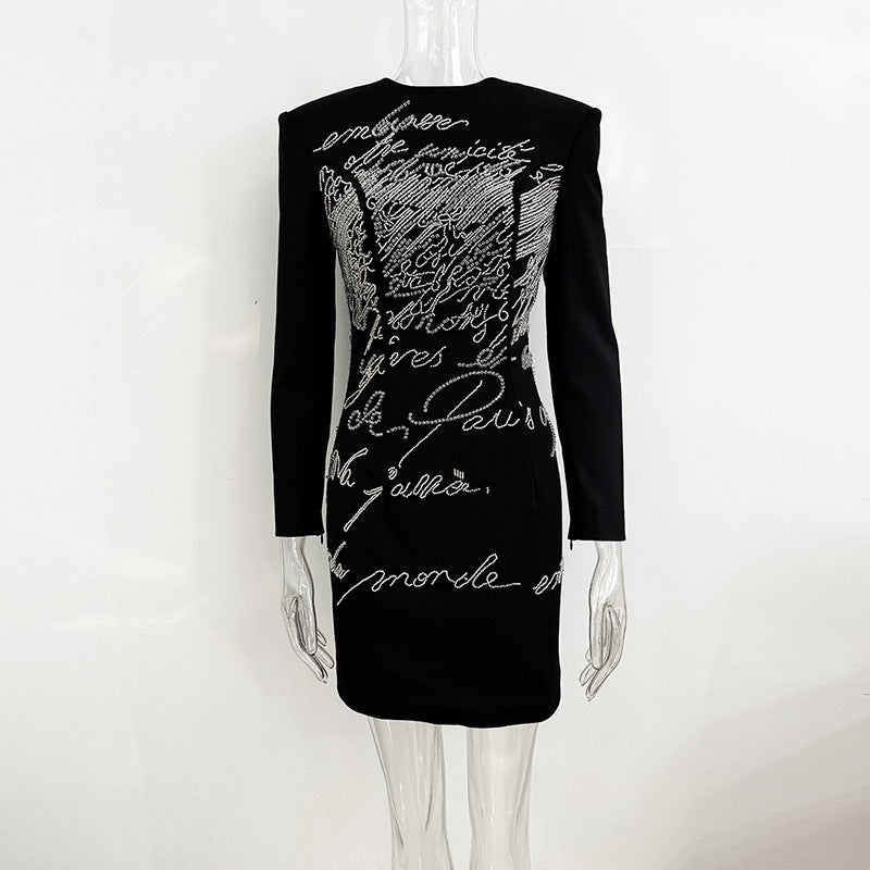 High Street Fashion Letter Beads Rhinestones Slim Stretch Long Dress