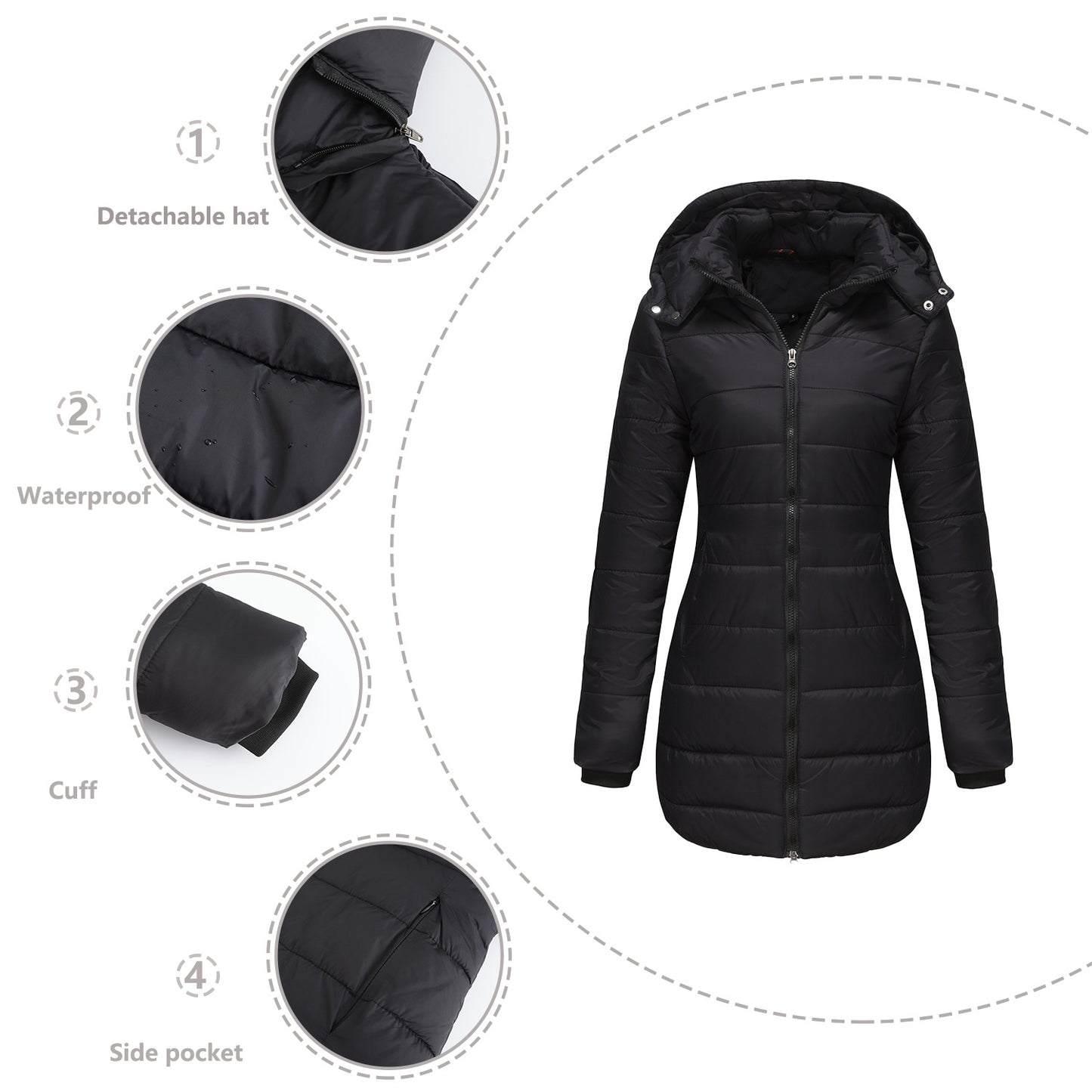 Women's Waterproof Detachable Hat Long Sleeve Parka Coats