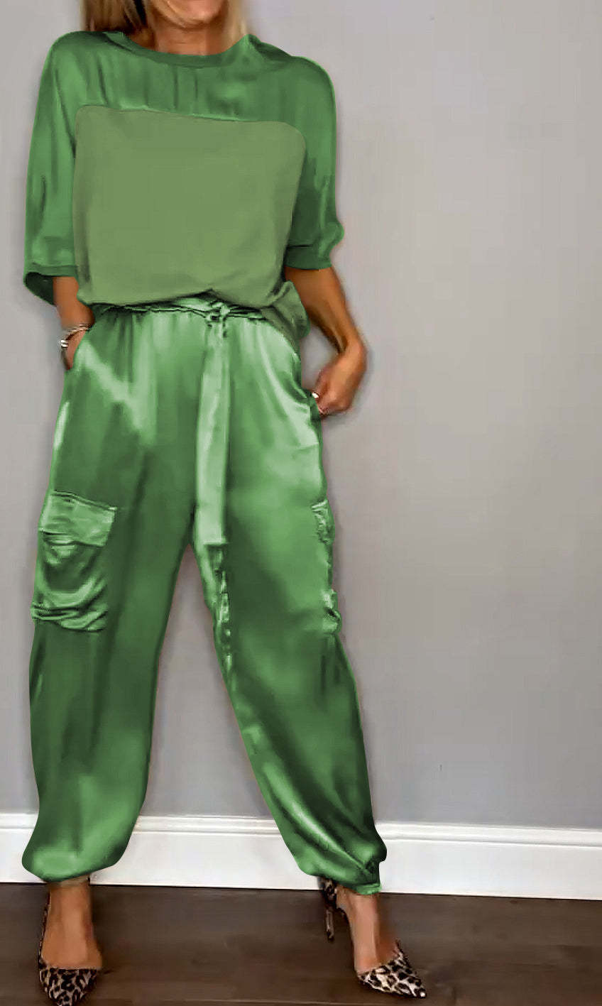 Women's Smooth Satin Short-sleeved Casual Two-piece Set Suits