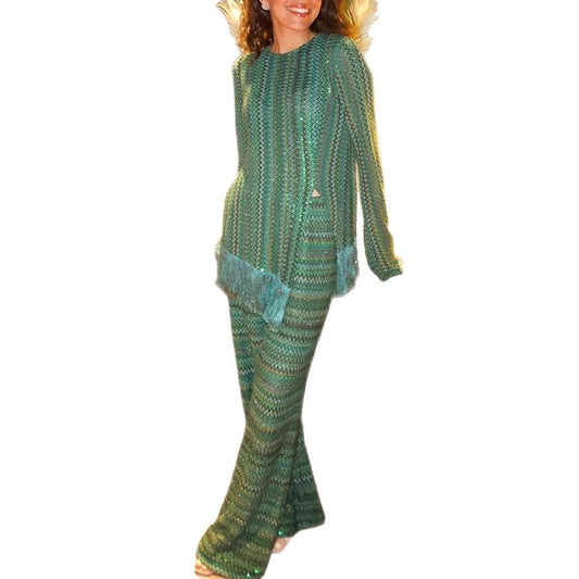 Women's Fashion Two-piece Tassel Long Sleeve Split Suits