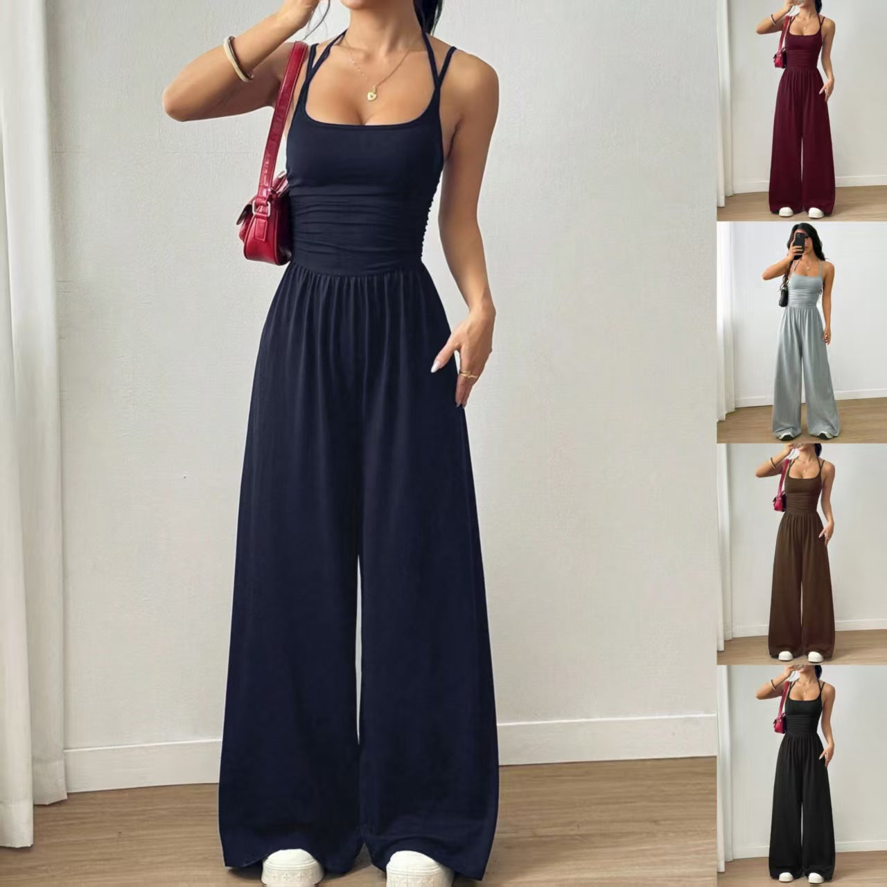 Women's Solid Color Fashion Casual Suspender Wide Leg Loose Women's Jumpsuit/clothing