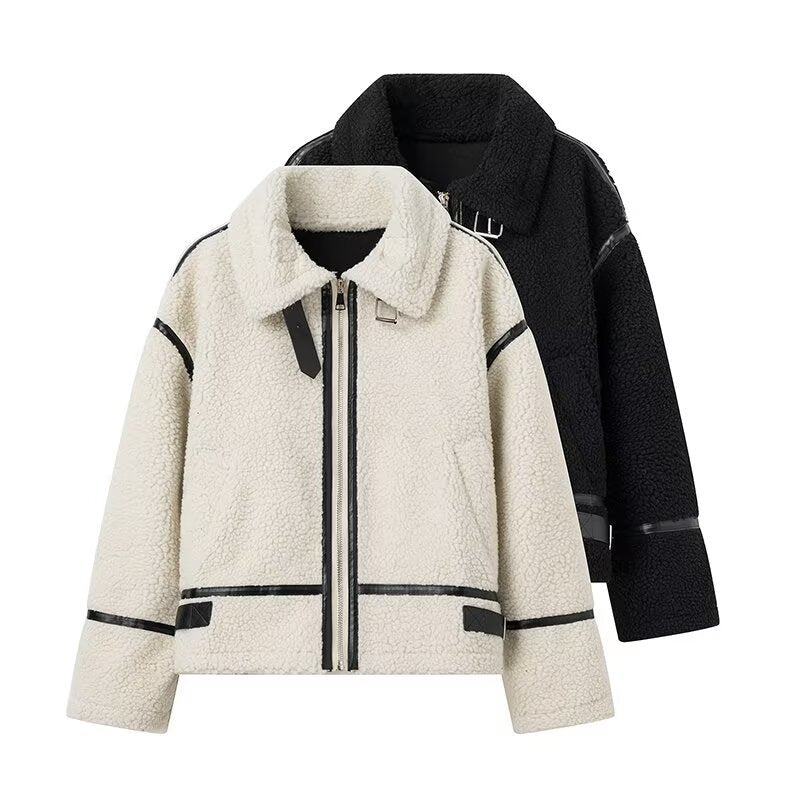 Women's Lapel Contrast Color Lamb Wool Zipper Jackets