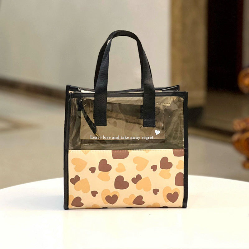 Zipper Translucent Love Peach Heart Flocking Large Capacity Portable Handbags