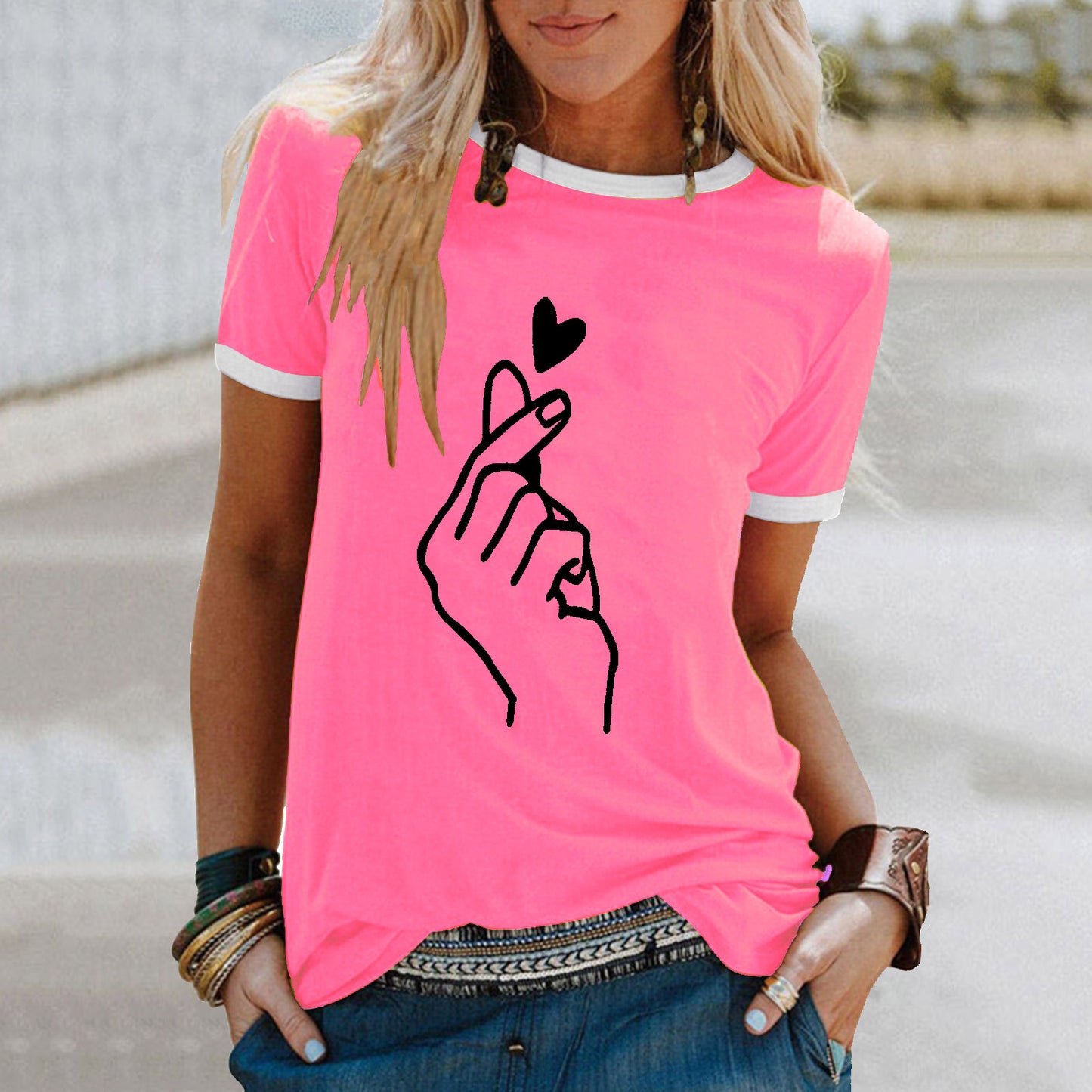 Women's Summer Shirt Finger Print Loose Round Neck Women's T-shirt