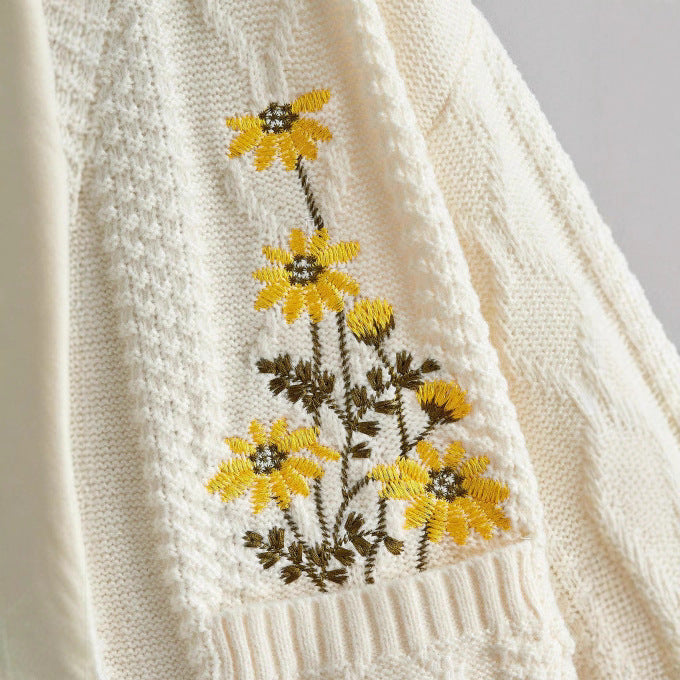 Flower Embroidered Button Round Neck Knitted Coats