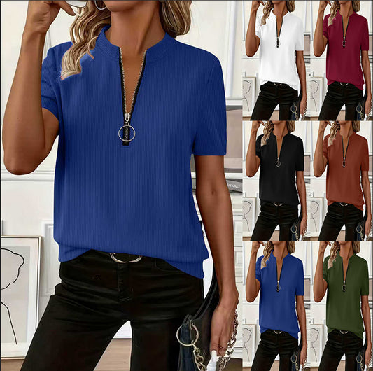 Women's Knitted Sunken Stripe Solid Color Fabric Zipper Women's T-shirt