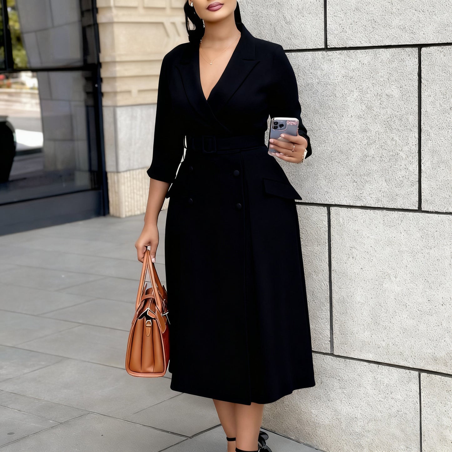 Women's Fashion Long Sleeve Collar Double Breasted Midi Dresses