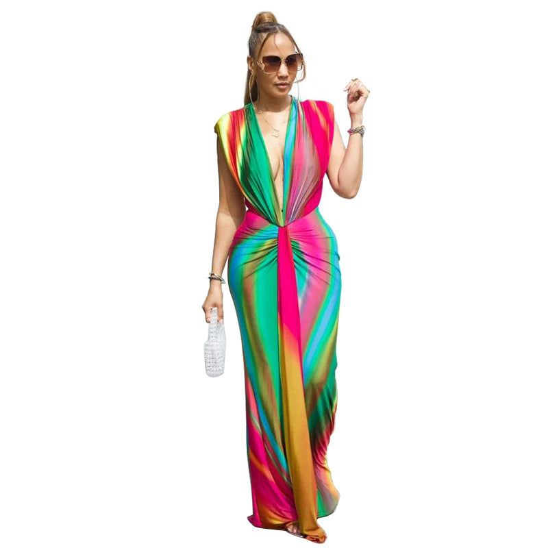 Women's Wear Sleeveless Printed Sexy Deep V Dresses