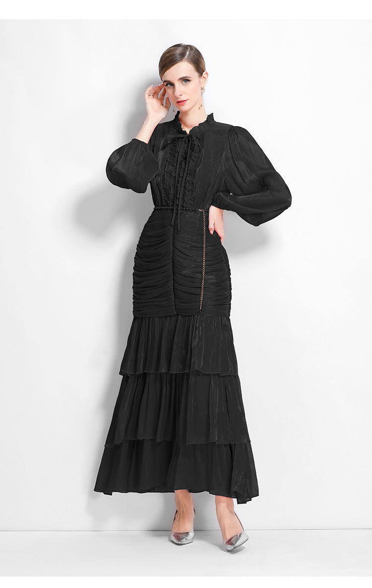 High-grade Streamer Wooden Ear Long-sleeved Dress Female Summer Waist Dresses