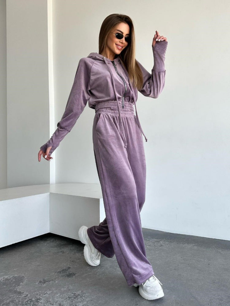 Women's Drawstring Two-piece Knitted Hooded Zip Sweatshirt Fashion Casual Suit