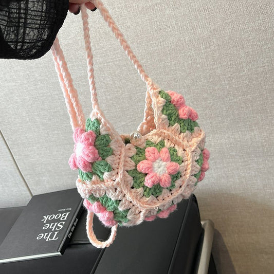 Women's Finished Handmade Crocheted Grandmother Plaid Flower Bags