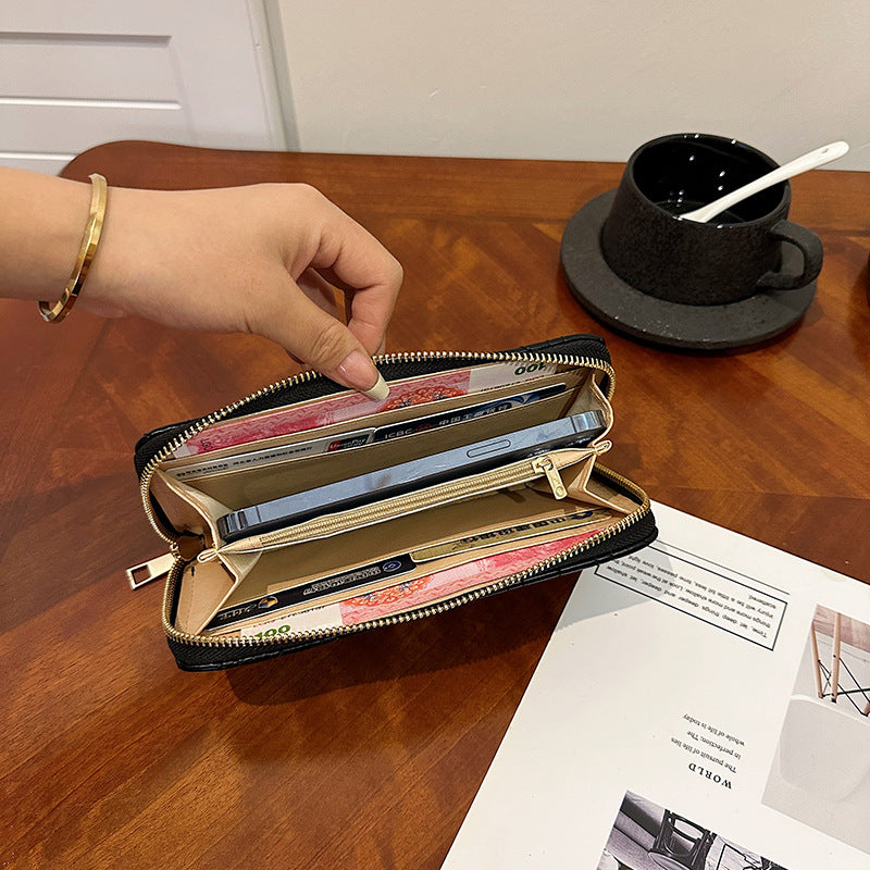 Zipper Embroidery Thread Long Classic Style Rhombus Ladies Wallets