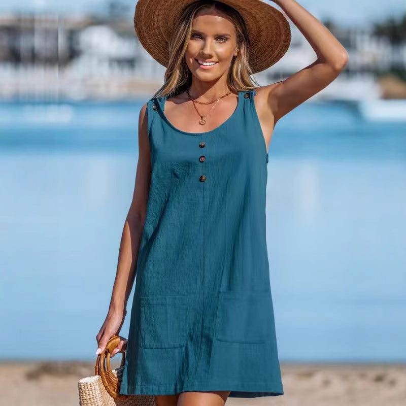 Pocket Button Beach Vacation Style Loose Dress