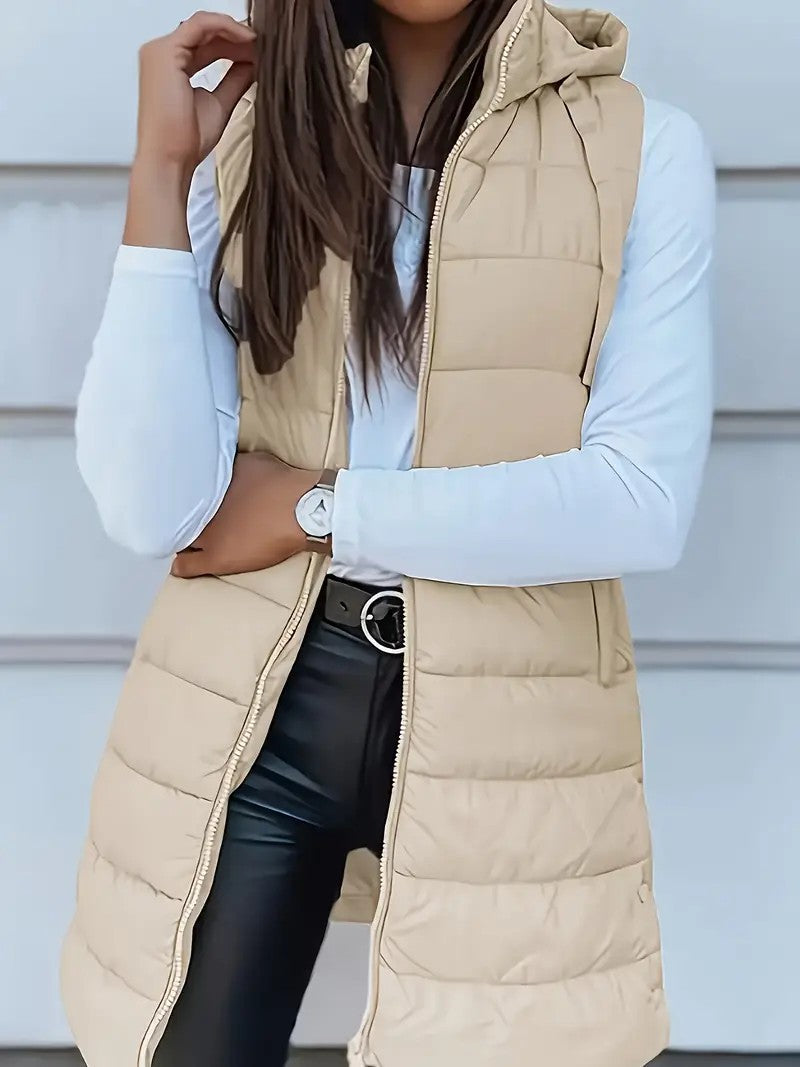 Women's Solid Color Hooded Zipper Cotton Mid-length Vests