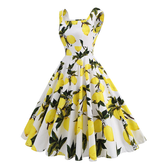 Summer Retro Hepburn Style High Waist Fresh Printed Dress