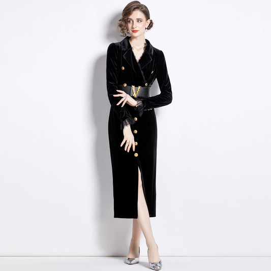 Women's Double Breasted Black Tie Lace Stitching Suits