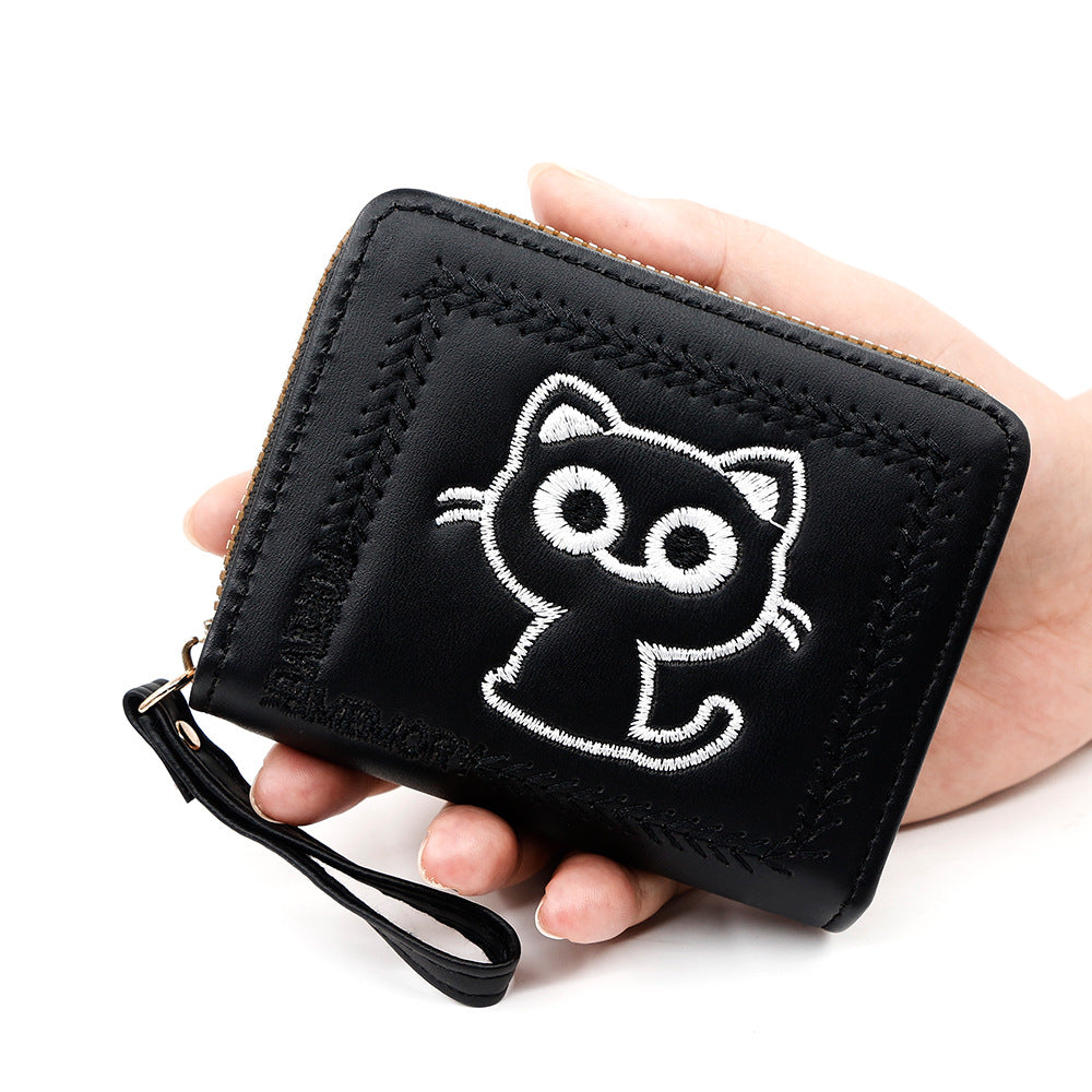 Women's Embroidered Kitty Short Multiple Slots Zipper Ladies Wallets