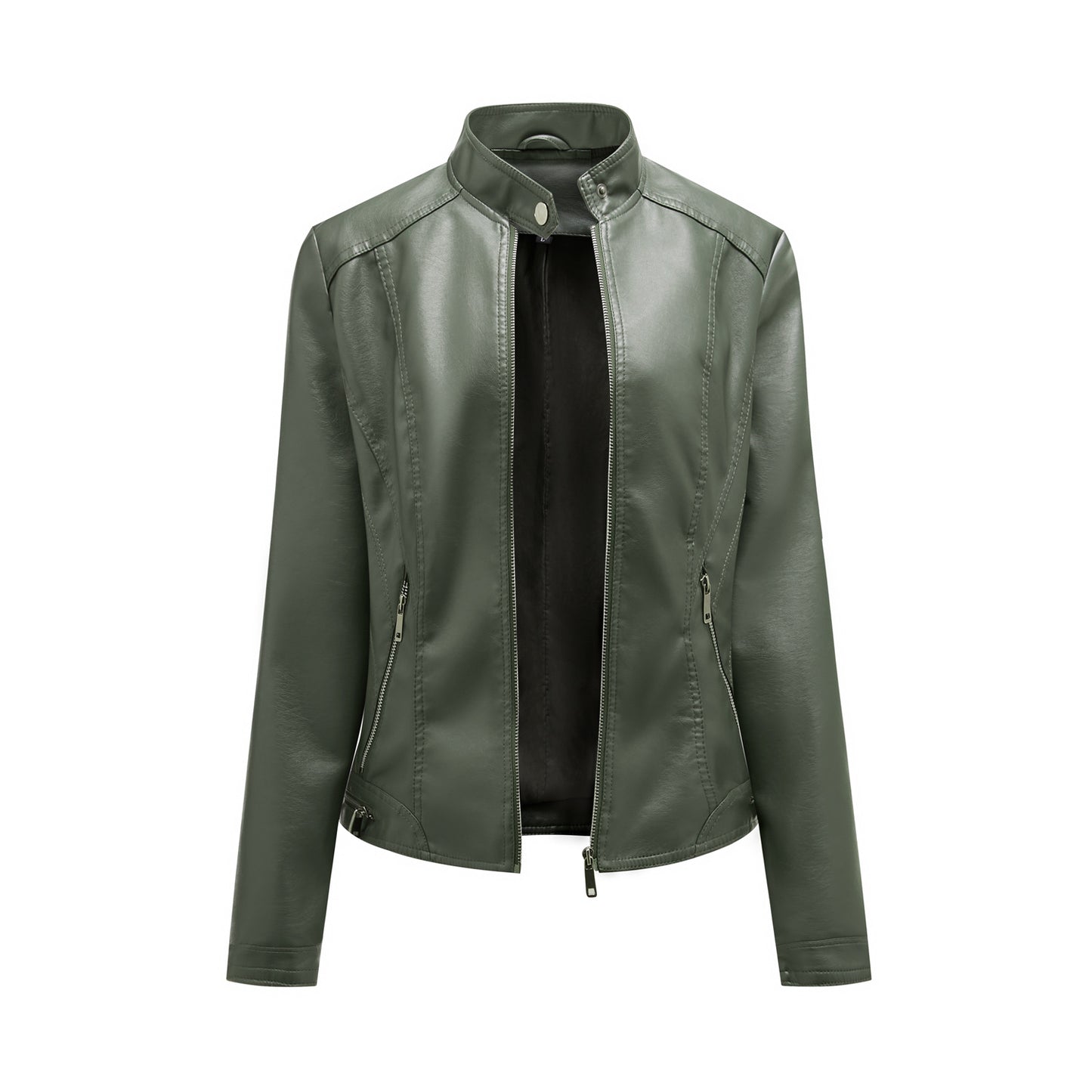 Women's Simple Casual Leather Stand Collar Zipper Jackets