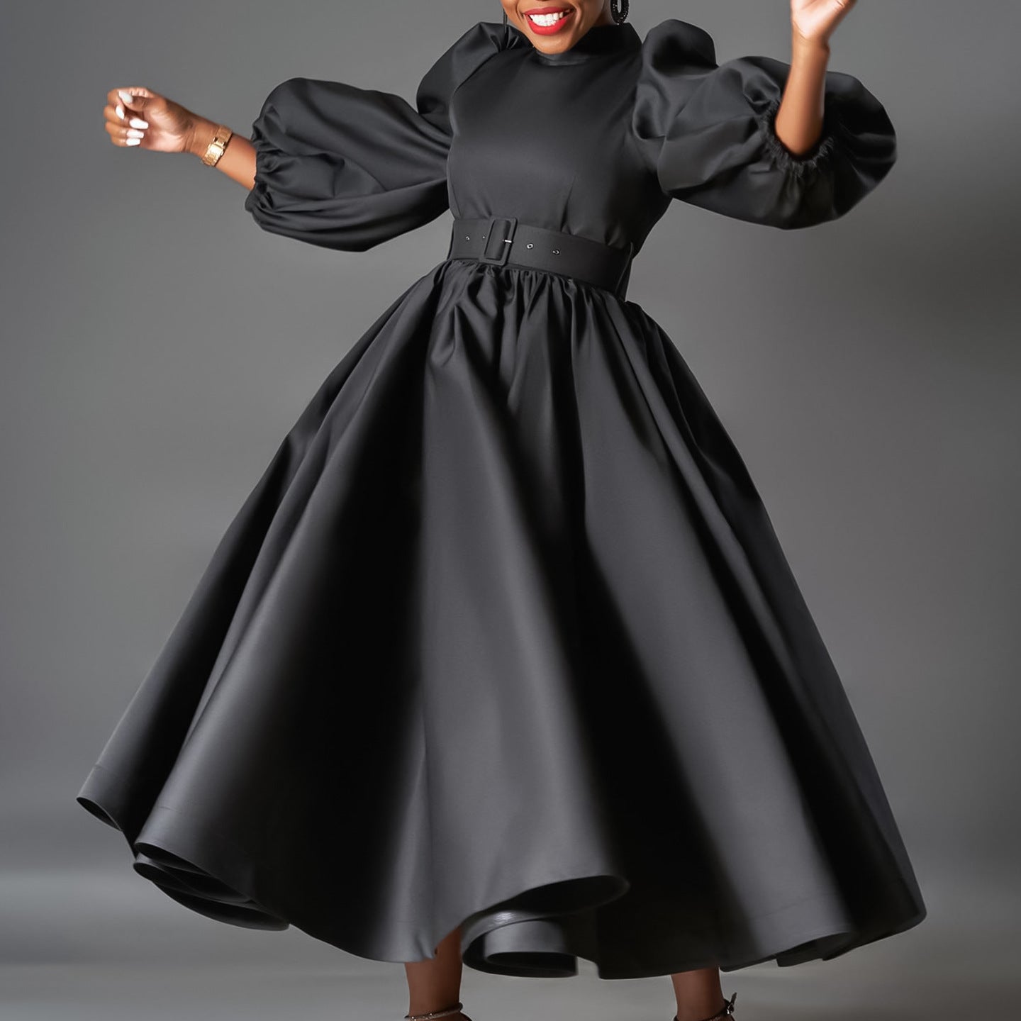Women's Color Large Puff Sleeve Midi Dress Dresses