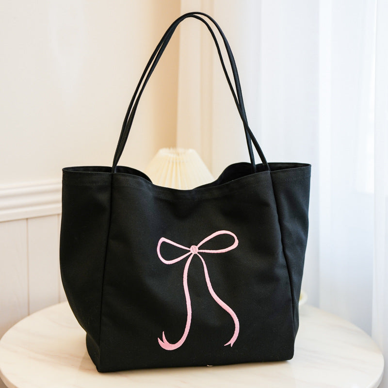 Capacity Bowknot Embroidered Canvas Female Heart Shoulder Bags