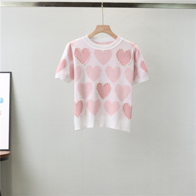 Women's Summer Sweet Knitting Sleeve Love Beaded Slim Fit Skinny Fashion Casual Suit