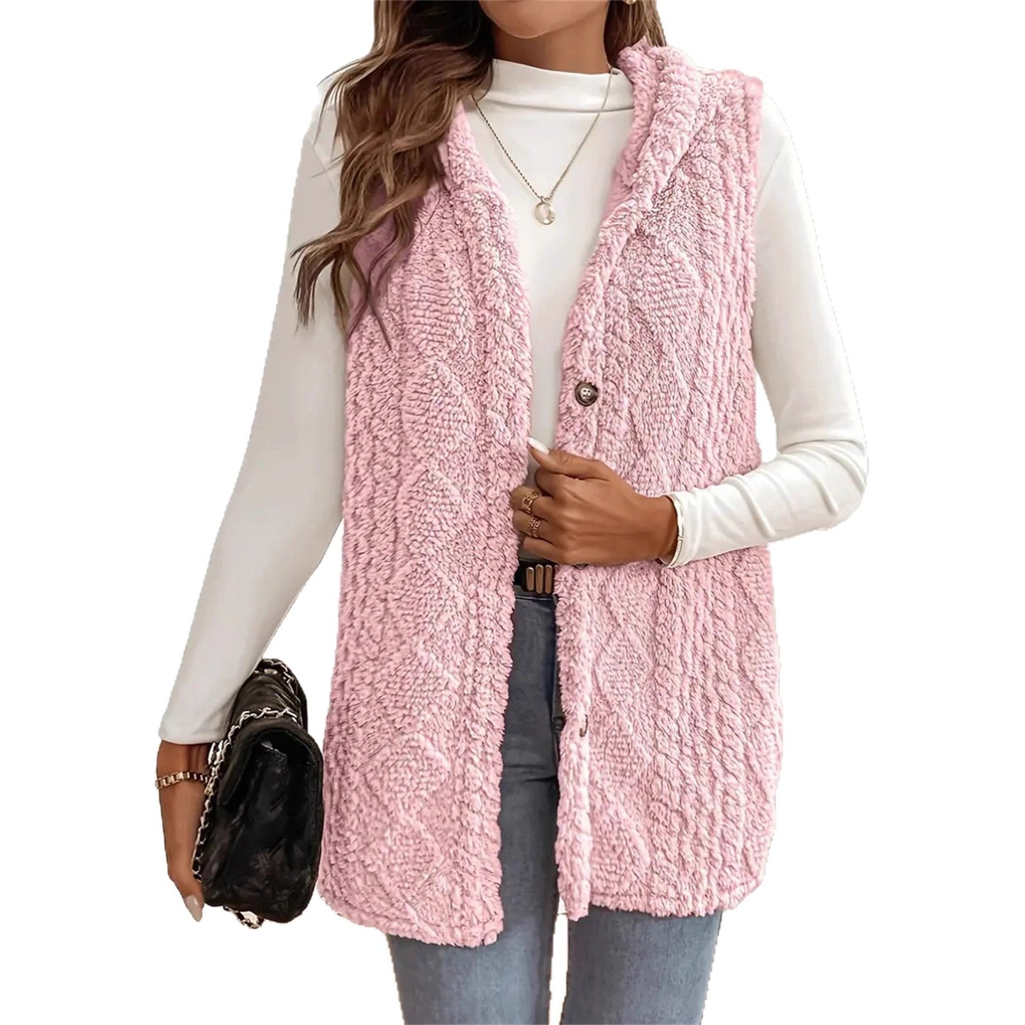 Solid Color Double-sided Plush Hooded Button Women's Vest