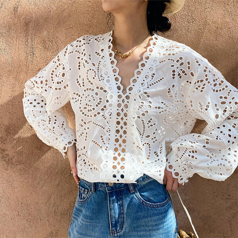 Women's Cotton Embroidered French White Shirt Long Blouses