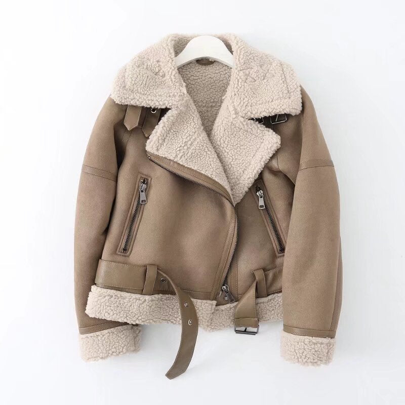 Women's Large Lapel Thickened Motorcycle Suede Fur Jackets