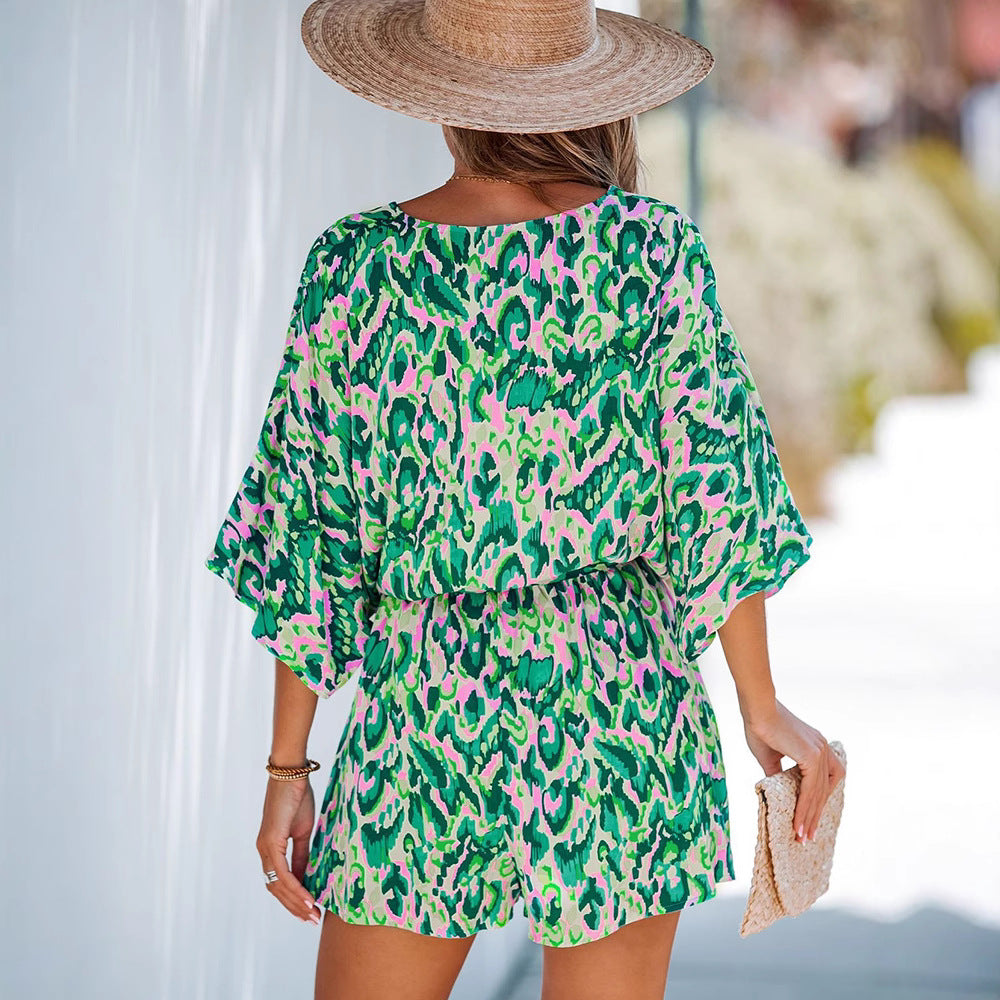 Women's Summer Printed Batwing Sleeve Loose Casual Jumpsuits