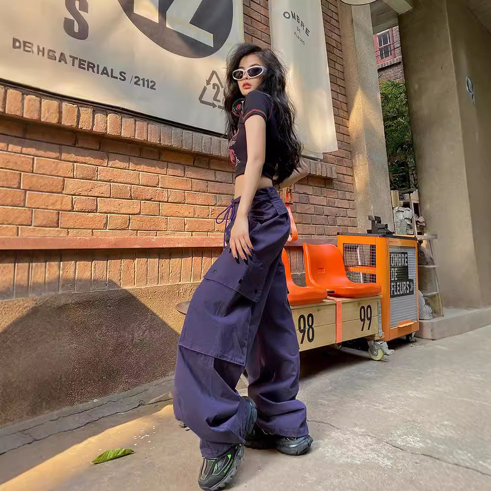 Women's American Hot Purple Overalls Large Loose Pockets Pants