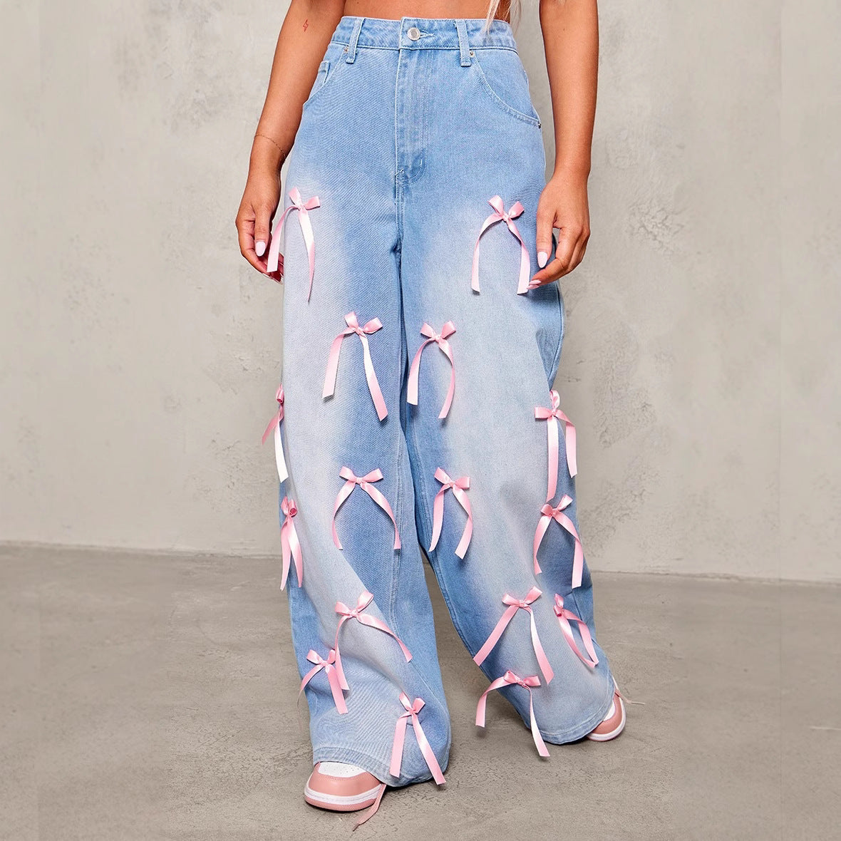 Women's Bow High Waist Wide Leg Street Distressed Loose Women's Jeans