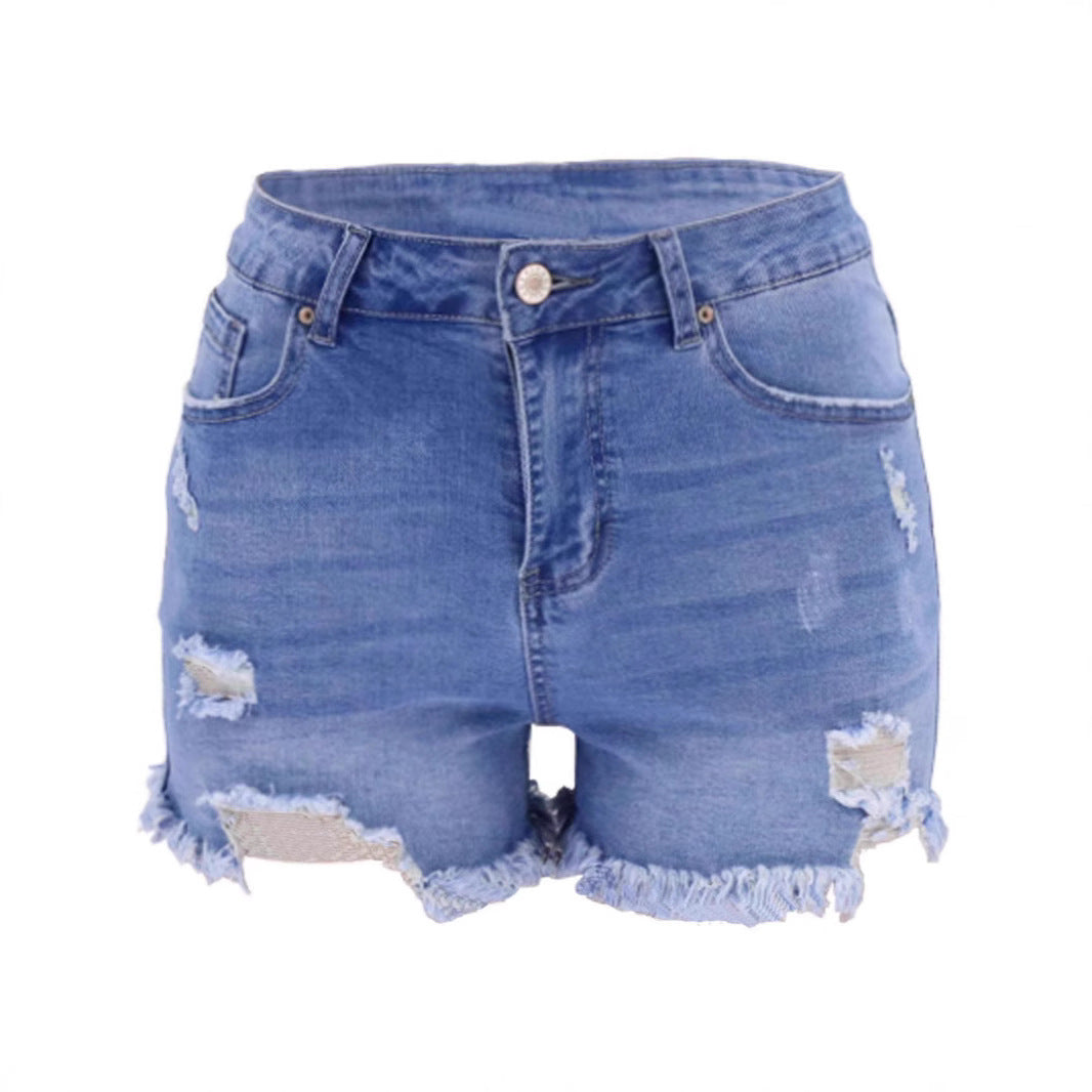 Women's Denim High Waist Elastic Hole Shorts