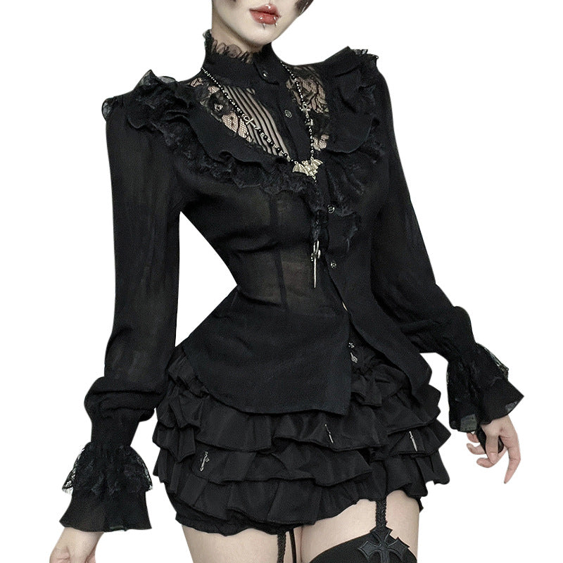 Dark Lace Long-sleeved Shirt Gothic Style Blouses