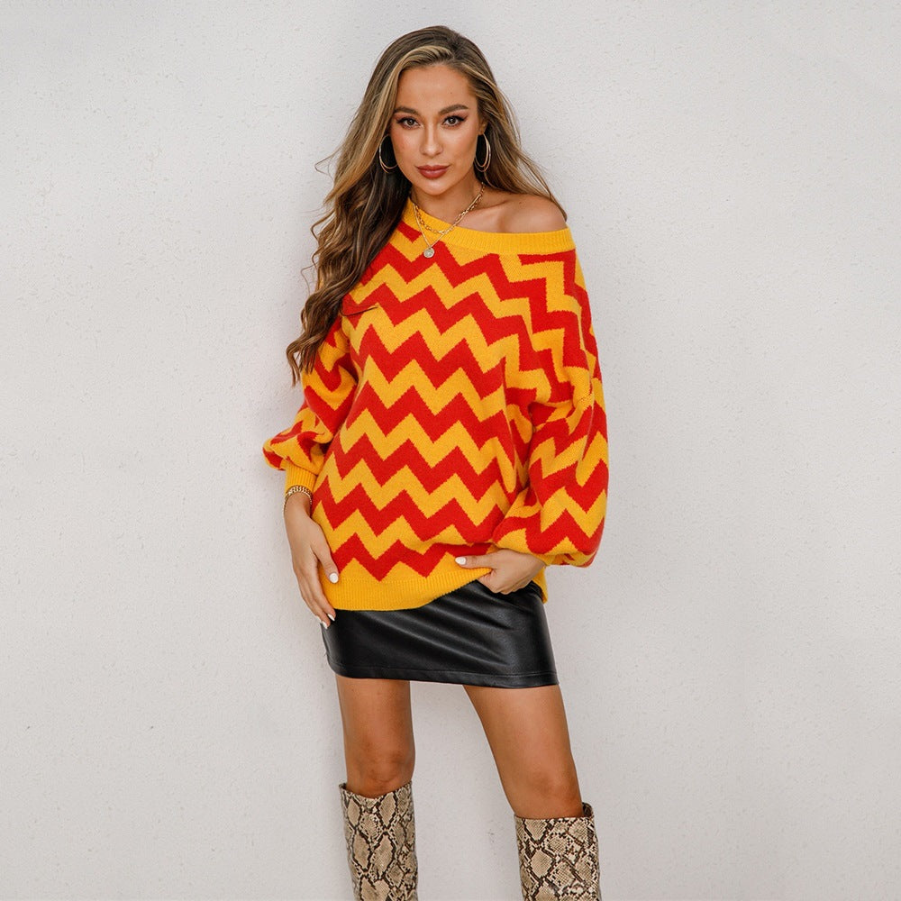 Women's Large Pullover Patchwork Mid-length Round Neck Sweaters