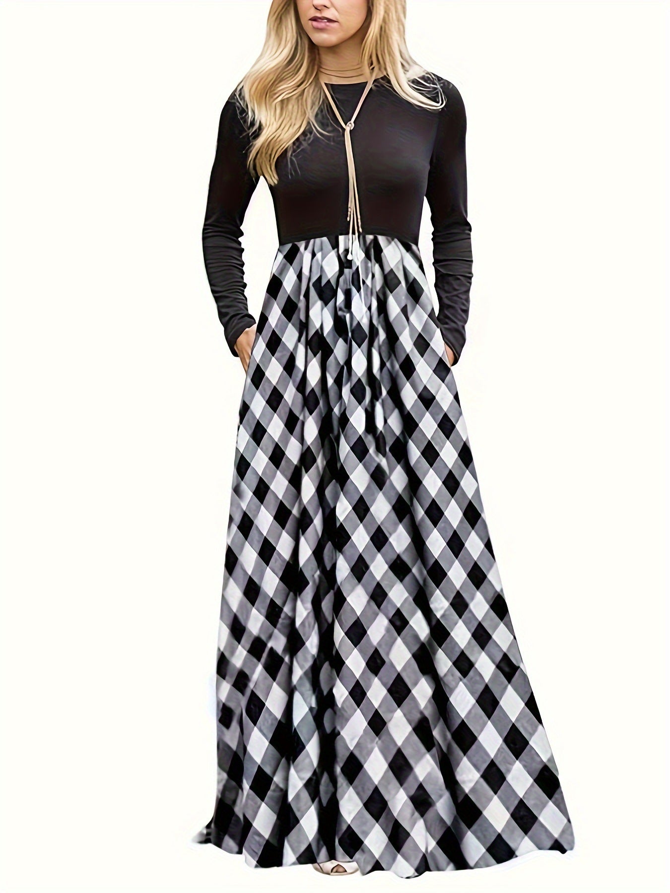 Women's Stitching Contrast Color Check Fashion Casual Dress