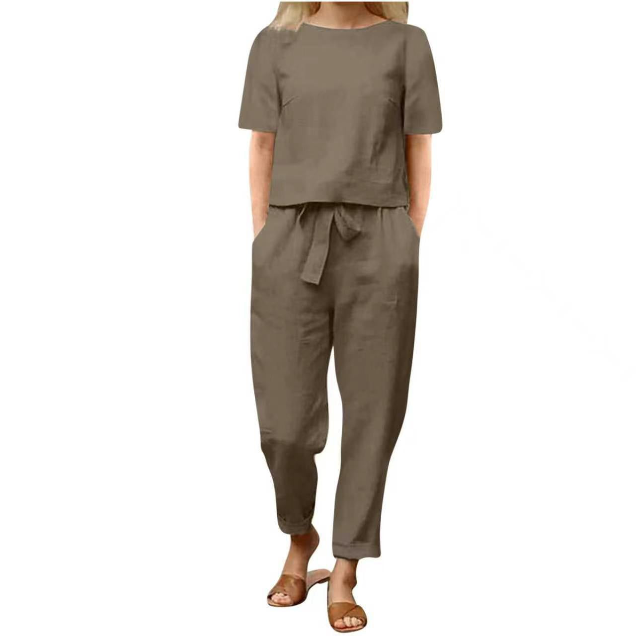 Women's Linen Summer Matching Half Sleeve Oversized Wide Leg Retro Two-piece Fashion Casual Suit