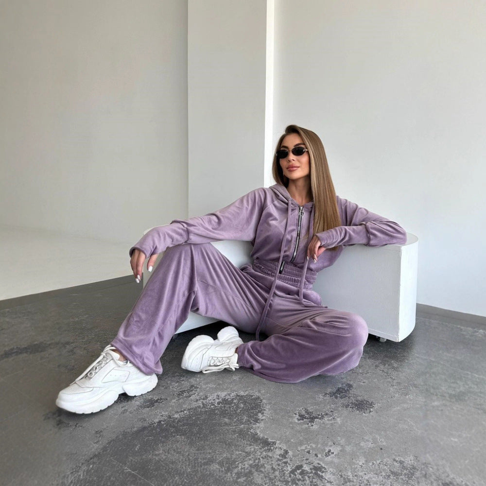 Women's Drawstring Two-piece Knitted Hooded Zip Sweatshirt Fashion Casual Suit
