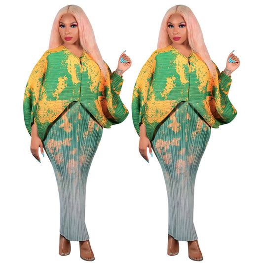 Women's Polyester Batwing Sleeve Pleated Printed Dress Dresses