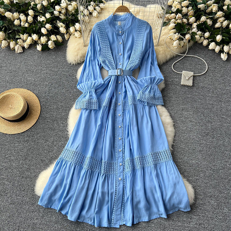 Women's Dress Stand-up Collar Flared Sleeves Waist Single-breasted Dresses