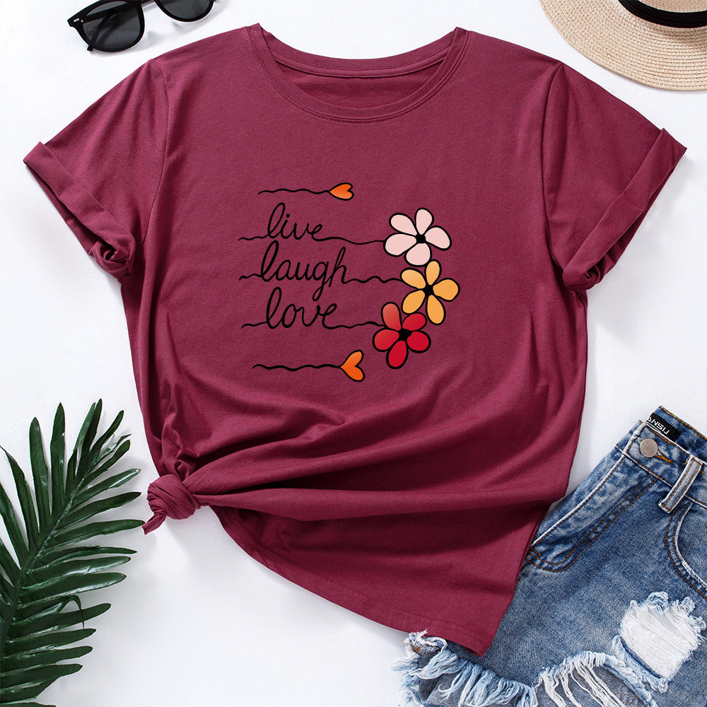 Women's Cotton Loose Round Neck Sleeve Women's T-shirt