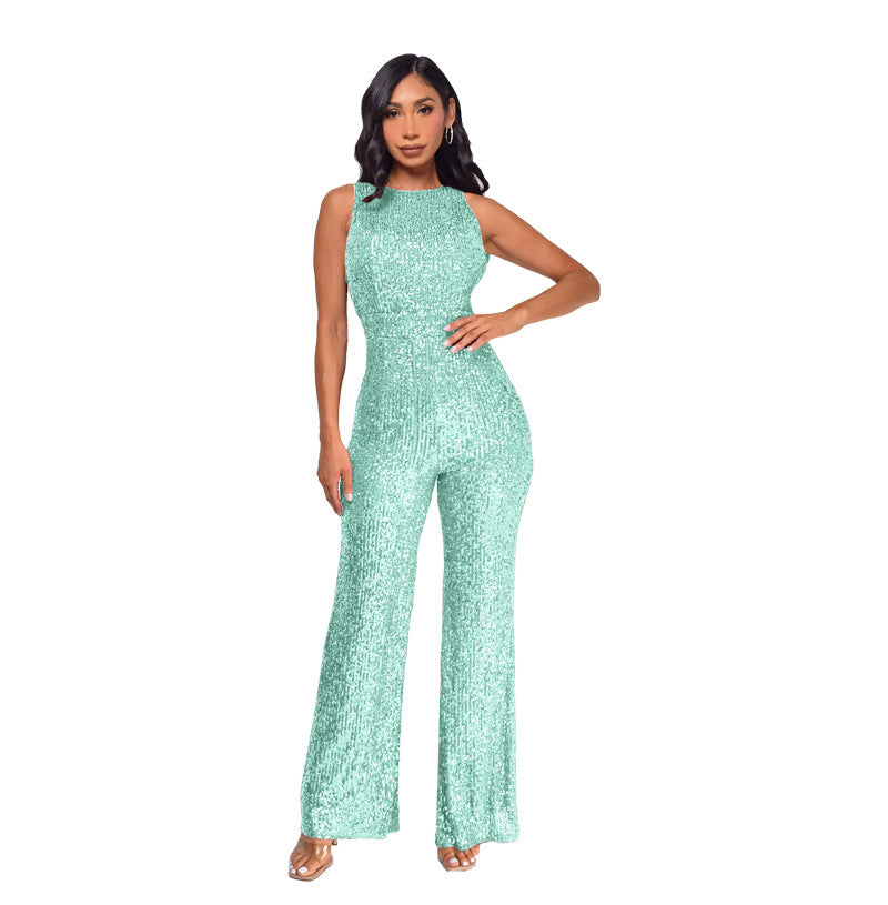 Women's Wind Sleeveless Sequined Round Neck Slim Jumpsuits