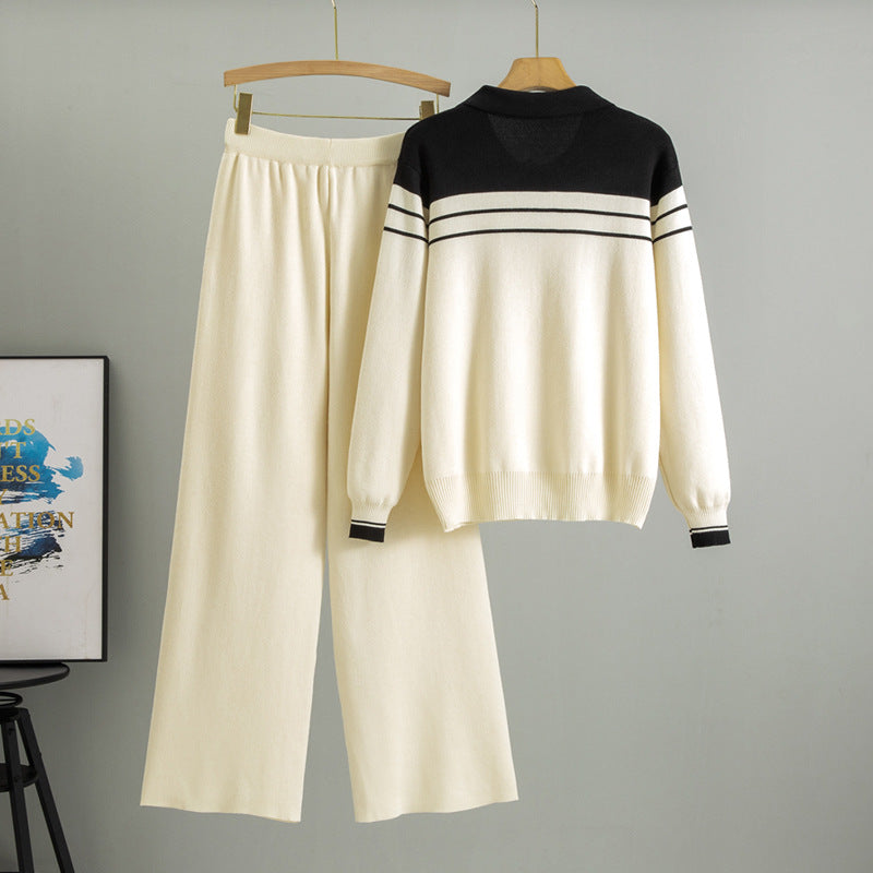Striped Loose Wide Leg Knitted Two-piece Fashion Casual Suit